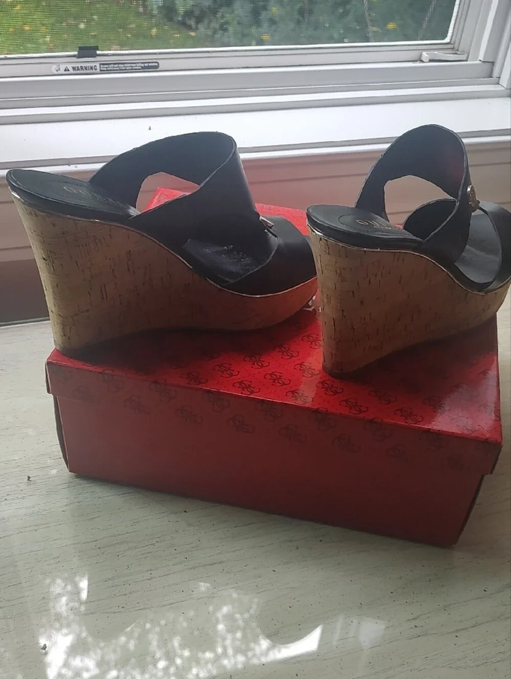 Guess Black Leather Cork Wedge Sandals